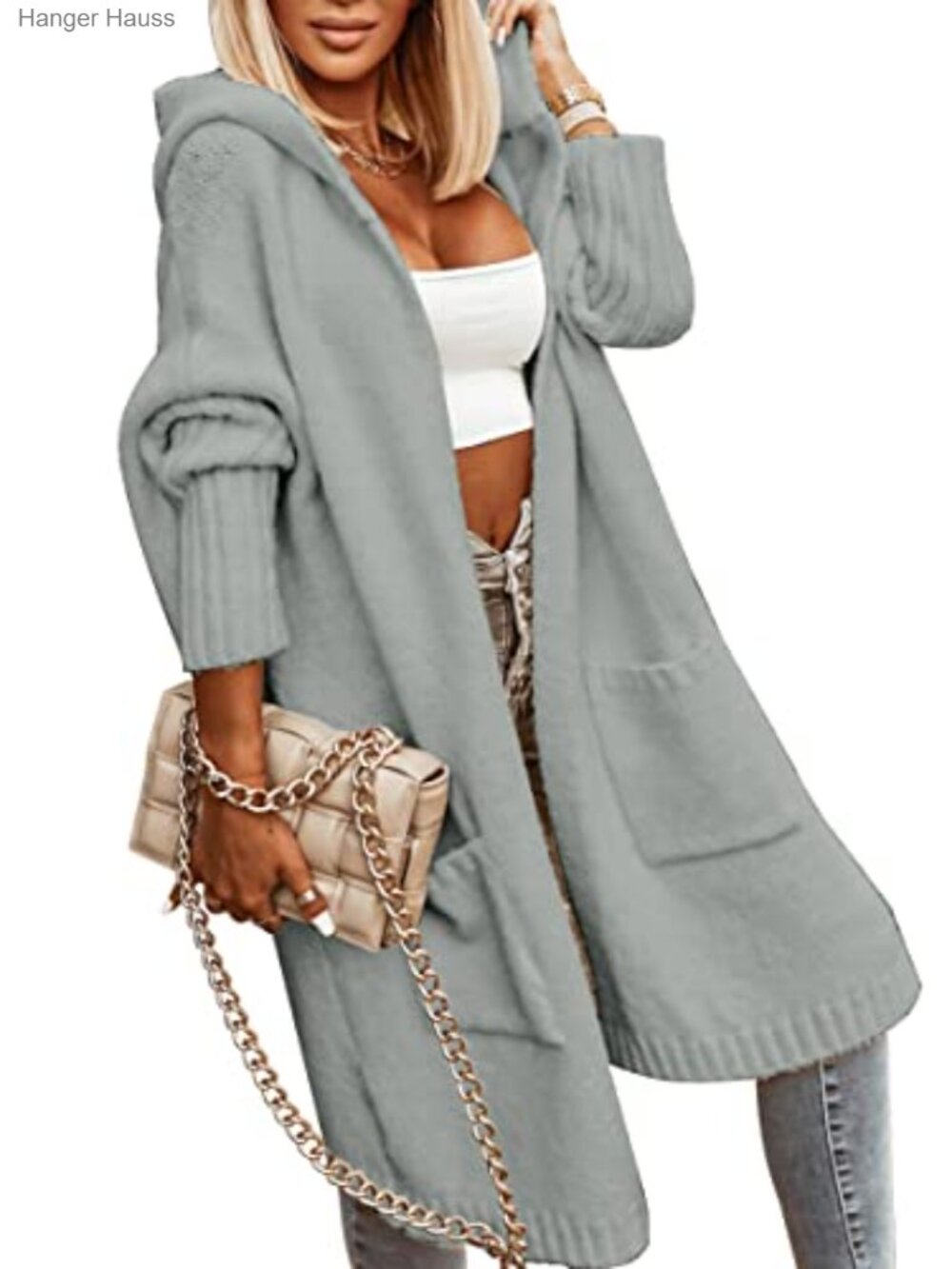 Long Hooded Cardigan Chunky Knit Loose Sweater Coat with Pockets